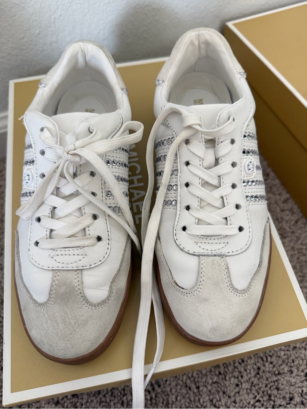 Michael Kors White Leather & Suede Sneakers with Silver Rhinestone Stripes